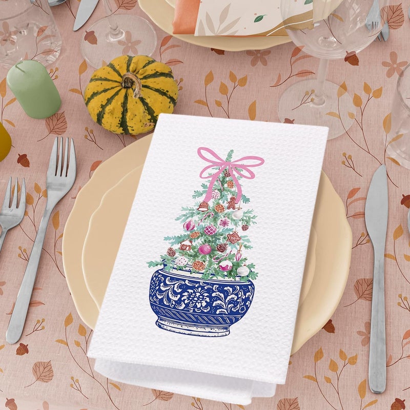 SPBL&L Chinoiserie Christmas Kitchen Towels, Pink Bow Christmas Tree Hand Towels for Bathroom, Blue and White Porcelain Chinoiserie Christmas Dish Towels, Christmas Kitchen Bathroom Decor, 16x24 Inch - Image 4